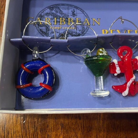 6 CARIBBEAN ISLAND CRUISE HANDMADE GLASS BEVERAGE WINE MARKERS BARWARE NAUTICAL! - Picture 2 of 6